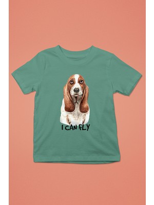 Darkhane Uçabilirim Base Basset Hound -Baskılı Unisex Su Yeşili Çocuk Tişört - T-Shirt CT001