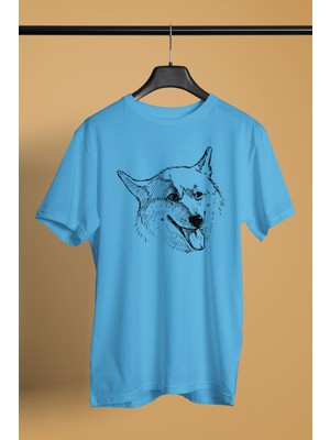 Darkhane Sibirya Kurdu Husky Haski Eskizi -Baskılı Unisex Turkuaz Tişört - T-Shirt UT003