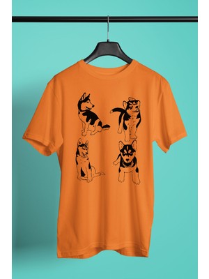Darkhane Yavru Sibirya Kurdu Husky Haski -Baskılı Unisex Turuncu Tişört - T-Shirt UT005