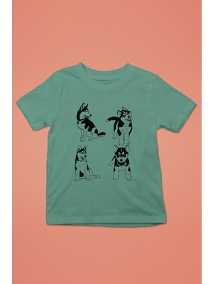 Darkhane Yavru Sibirya Kurdu Husky Haski -Baskılı Unisex Su Yeşili Çocuk Tişört - T-Shirt CT001