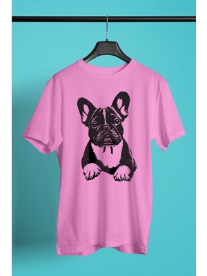 Darkhane Siyah French Buldog -Baskılı Unisex Pembe Tişört - T-Shirt UT002