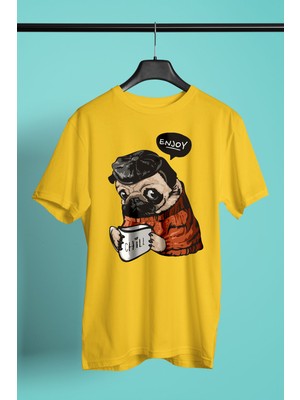 Darkhane Kahve Seven Pug - Baskılı Unisex Sarı Tişört - T-Shirt UT004