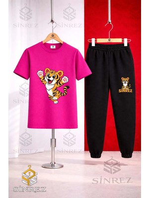 Çocuk Kaplan Eller Havada Baskılı Tişort Eşofman Takımı