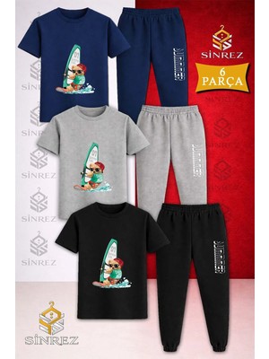 Çocuk Ayıcık Surf Denız Baskılı 3lü Tişort Eşofman Takımı