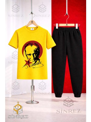 Çocuk Ataturk Kırmızı Ay Yıldızlı Sıyah Baskılı Tişort Eşofman Takımı