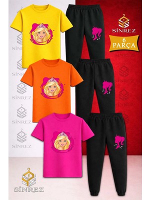 Çocuk Prenses Kafa Pembe Tuval Baskılı 3lü Tişort Eşofman Takımı