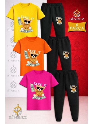 Çocuk Ayıcık Take It Beyaz Baskılı 3lü Tişort Eşofman Takımı