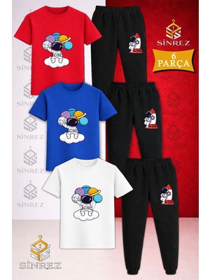 Çocuk Astronot Bulut Elınde Gezegenler Baskılı 3lü Tişort Eşofman Takımı