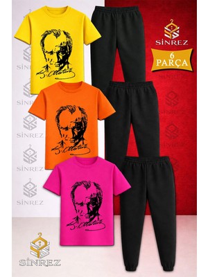 Çocuk Ataturk Imzalı Sıyah Baskılı 3lü Tişort Eşofman Takımı