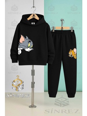 Çocuk Unısex Tom ve Jerry Kafalar Yanda Kapşonlu Eşofman Takımı
