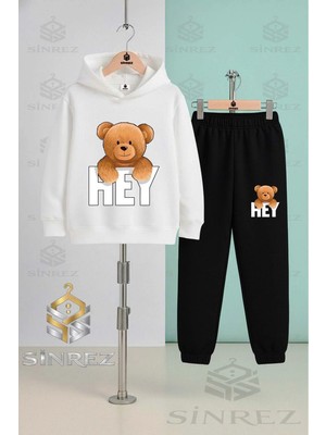 Çocuk Unısex Ayıcık Hey Yazısı Ustunde Kapşonlu Eşofman Takımı