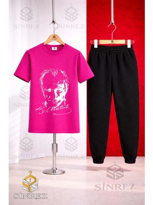 Çocuk Ataturk Imzalı Beyaz Baskılı Tişort Eşofman Takımı