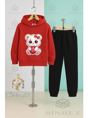 Çocuk Unısex Kedı Sevımlı Kalp Pembe Kapşonlu Eşofman Takımı