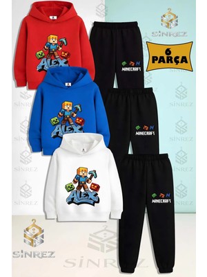 3'lü Takım Çocuk Unısex Aleks Mavı Baltalı Baskılı Kapşonlu Eşofman Takımı