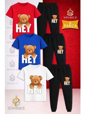 Çocuk Ayıcık Hey Yazısı Ustunde Baskılı 3lü Tişort Eşofman Takımı