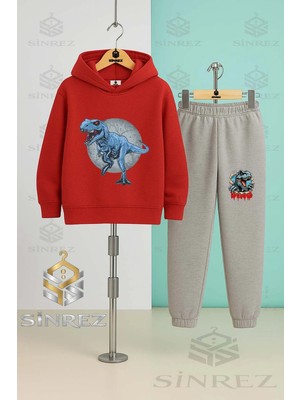 Çocuk Unısex Dınazor Mavı Daıre Icınde Kapşonlu Eşofman Takımı