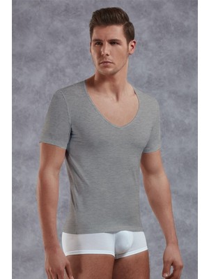 Doreanse Erkek Modal Derin V Yaka Kısa Kol T Shirt 2820 Füme