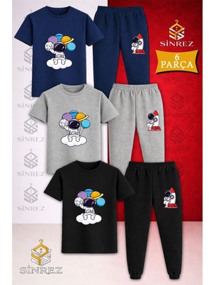 Çocuk Astronot Bulut Elınde Gezegenler Baskılı 3lü Tişort Eşofman Takımı