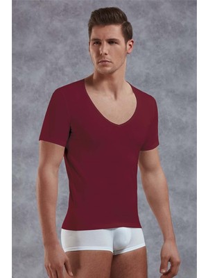 Doreanse Erkek Modal Derin V Yaka Kısa Kol T Shirt 2820 Bordo