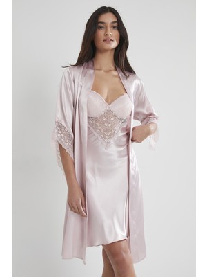 Pierre Cardin Pudra Midi Dantel Sabahlık Gecelik Set 4240