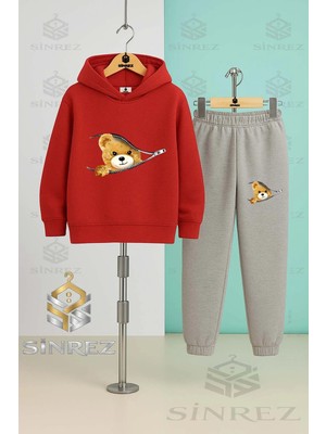 Çocuk Unısex Yarım Fermuarlı Ayıcık Kapşonlu Eşofman Takımı