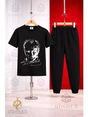 Çocuk Ataturk Imzalı Beyaz Baskılı Tişort Eşofman Takımı