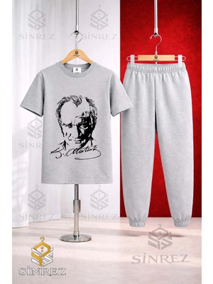 Çocuk Ataturk Imzalı Sıyah Baskılı Tişort Eşofman Takımı