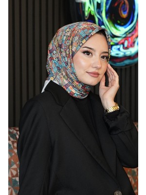 Afvente Geometrik Desen Mavi Soft Pamuk Eşarp