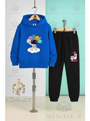 Çocuk Unısex Astronot Bulut Elınde Gezegenler Kapşonlu Eşofman Takımı