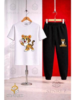 Çocuk Kaplan Tek Patı Havada Baskılı Tişort Eşofman Takımı