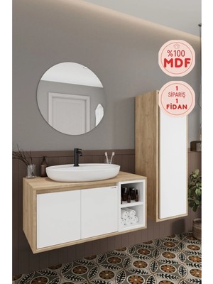 Balneom Gül Beyaz 90 cm Banyo Dolabı+Ayna+Lavabo+Boy Dolabı