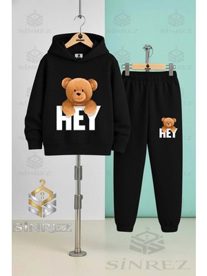 Çocuk Unısex Ayıcık Hey Yazısı Ustunde Kapşonlu Eşofman Takımı