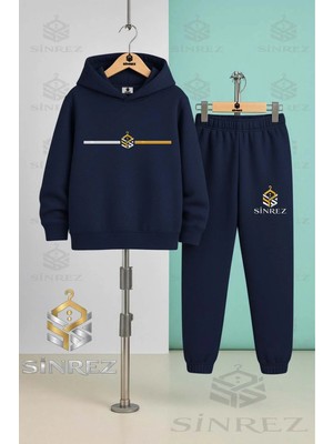 Sinrez Çocuk Kapüşonlu Eşofman Takımı Lacivert Baskılı Tasarım Casual Stil