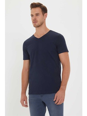 Lee Cooper Kaleb Erkek %100 Pamuk V Yaka T-Shirt Lacivert