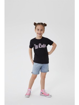 Lee Cooper Bisiklet Yaka Baskılı Kısa Siyah Kız Çocuk T-Shirt
