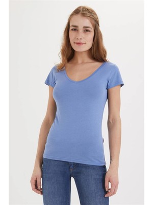 Lee Cooper Cindy Kadın %100 Pamuk V Yaka T-Shirt Mavi