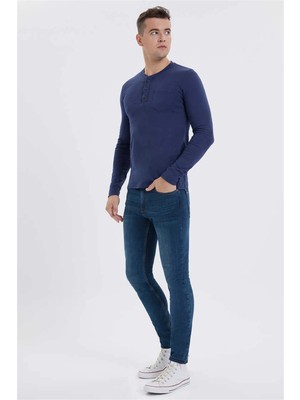 Lee Cooper Faris Erkek %100 Pamuk Bisiklet Yaka Patli Sweatshirt Lacivert