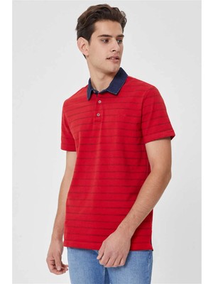 Lee Cooper Matty Erkek %100 Pamuk Denim Yaka T-Shirt Kırmızı Çizgili