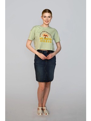 Lee Cooper Addy Kadın %100 Pamuk O Yaka T-Shirt Açık Haki