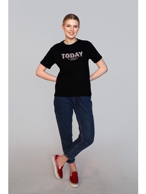 Lee Cooper Sany Kadın %100 Pamuk O Yaka T-Shirt Siyah