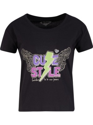 Lee Cooper Elisa Kadın %100 Pamuk Bisiklet Yaka T-Shirt Siyah