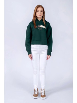 Lee Cooper Zaye Kadın %100 Pamuk Kapüşonlu Sweatshirt Zümrüt Yeşili