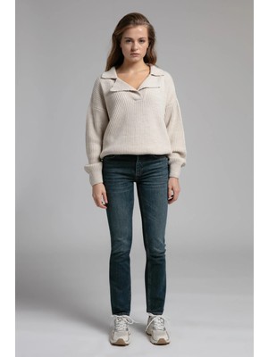 Lee Cooper Polo Yaka Regular Fit Çizgili Ekru Kadın Kazak 261 Lcf 241003 Cora Ekru