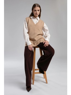 Lee Cooper V Yaka Regular Fit Düz Taba Kazak Kadın 261 Lcf 241006 Susana Taba