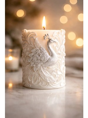 Tavus Kuşu Işlemeli Dekoratif Silindir Mum Kokulu Doğal Soya Mumu