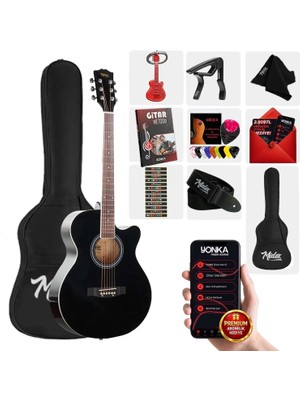Midex XC-200BK Kesik Kasa Siyah Akustik Gitar 4/4 Yetişkin Üst Segment (Gigbag Çanta Tuner Capo Askı Pena)