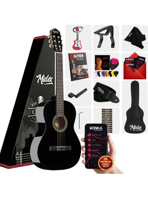 Midex CG-270BK Siyah Klasik Gitar 4/4 Yetişkin Boy Sap Ayarlı Full Set
