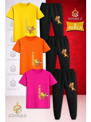 Çocuk Jerry Teklı Peynır Calan Baskılı 3lü Tişort Eşofman Takımı