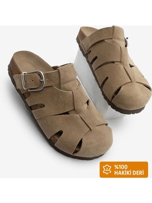 Marjin Kadın Hakiki Deri Önü Kapalı Eva Taban Tokalı Sabo Günlük Süet Terlik Yolis Toprak Süet