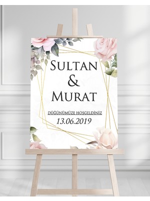 Söz Nişan Düğün Için 50X70 Karşılama Panosu - Pembe Gül Desenli 003